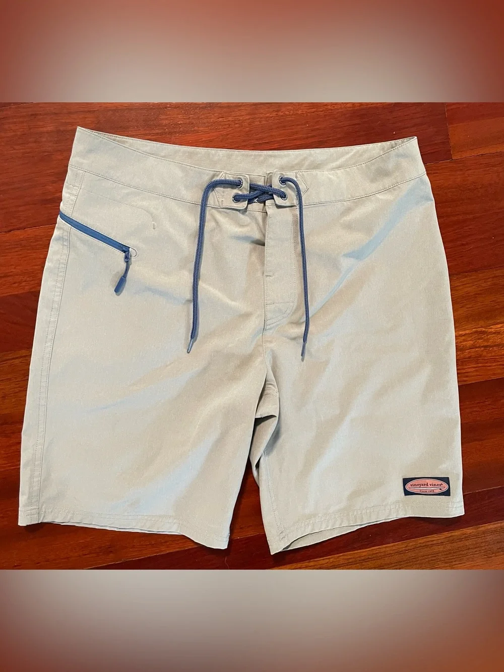 Men's Light Gray Swim Trunks with Navy Drawstring